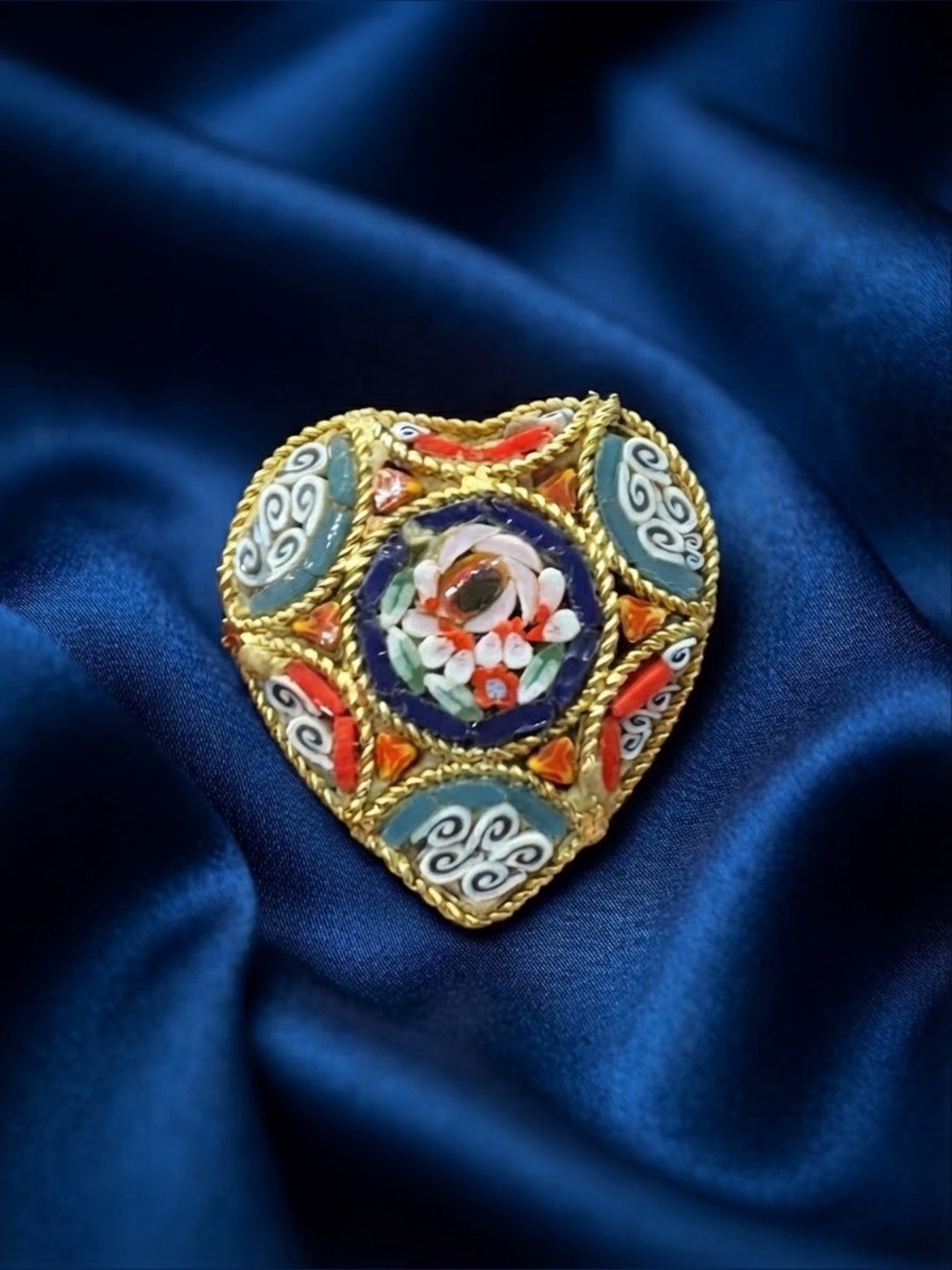 Vintage Italian Micro Mosaic Heart Brooch Pin Stamped ITALY